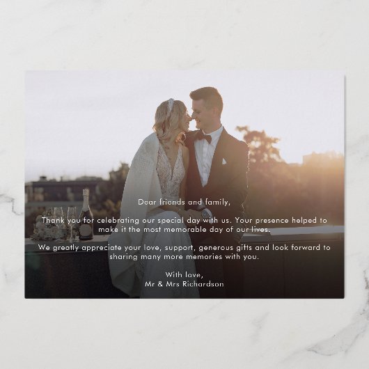 Elegante foto Zwart Goud Bruiloft Dank u Kaart (Achterkant)
