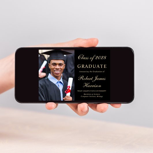 Elegante foto Zwart Goud College Afstuderen Aankondiging