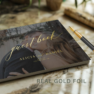 Elegante foto zwart goud kalligrafie bruiloft gastenboek
