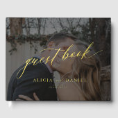Elegante foto zwart goud kalligrafie bruiloft gastenboek (Voorkant)