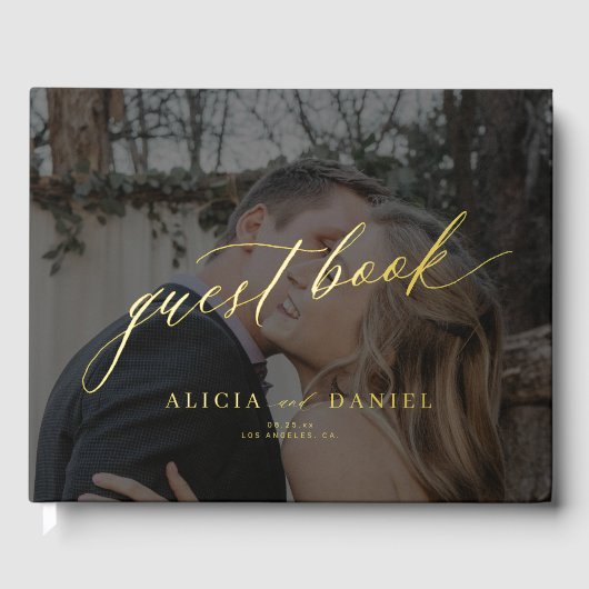 Elegante foto zwart goud kalligrafie bruiloft gastenboek (Voorkant)