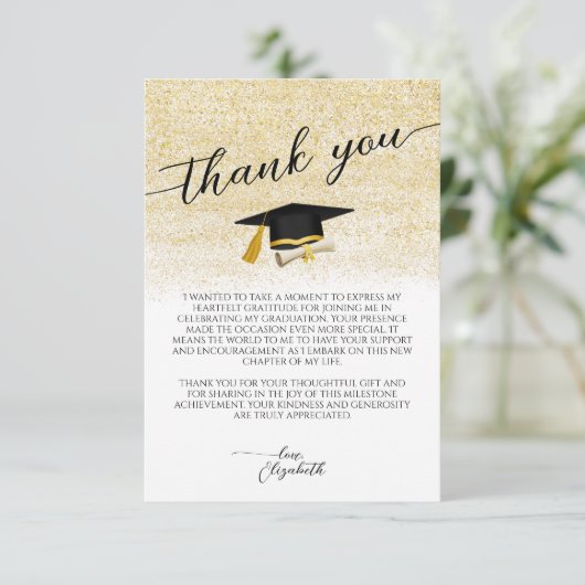 Elegante foto Zwart Goud Script Graduation Party Bedankkaart (Staand voorkant)