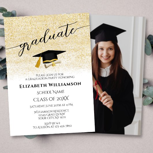 Elegante foto Zwart Goud Script Graduation Party Kaart