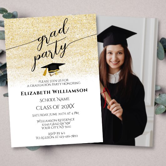 Elegante foto Zwart Goud Script Graduation Party Kaart