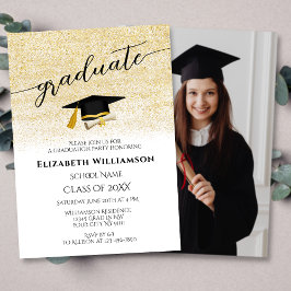 Elegante foto Zwart Goud Script Graduation Party Kaart