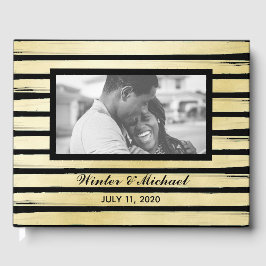 Elegante foto zwart gouden verf gestreepte bruilof gastenboek