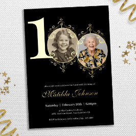 Elegante foto Zwart Wit 100e verjaardag Folie Uitnodiging