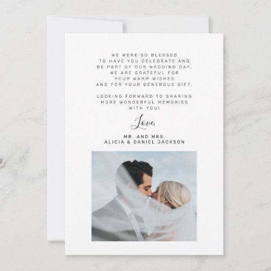 Elegante foto zwart wit bruiloft bedankkaart kaart (Achterkant)