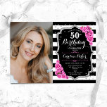Elegante foto Zwart Zilver Roze 50ste Verjaardag Kaart<br><div class="desc">Elegante bloemenvrouwelijke 50e verjaardagsuitnodiging met uw foto. Glam zwart wit roze design met faux glitter zilver. Beschikt over zwart-witte strepen, rozen, script lettertype en confetti. Perfect voor een stijlvol volwassen feestje. Personaliseer met je eigen gegevens. Kan voor om het even welke leeftijd worden aangepast! Gedrukte Zazzle-uitnodigingen of direct download digitale...</div>