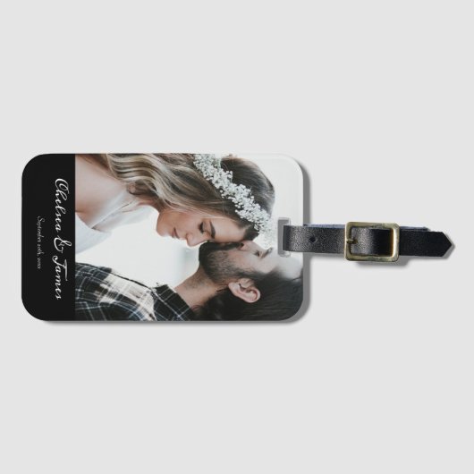 Elegante foto zwarte kalligrafie gepersonaliseerd bagagelabel (Voorkant (horizontaal))