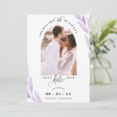 Elegante fotoboog en Paarse bladeren bruiloft Save The Date (Staand voorkant)