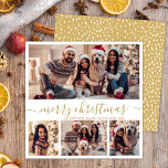 Elegante Fotocollage Gouden Script Sneeuwachtige K Feestdagenkaart<br><div class="desc">Minimalistisch Modern Elegant Kalligrafie Wit en Goud 4 Fotocollage Vrolijk Kerstmis Kalligrafie Script Vakantie Kaart. Deze feestelijke, minimalistische, grillige vier (4) foto vakantie kaart sjabloon beschikt over een fotocollage en zegt "Vrolijk kerstfeest"! De begroetingstekst "Vrolijke Kerstmis" is geschreven in een prachtige hand belettering swirly swash-tail lettertype in goud op witte...</div>