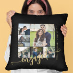Elegante fotocollage gouden script verloofd paar kussen<br><div class="desc">Zwart goud modern gooien kussen sjabloon speciale aandenken cadeau voor een verloofd stel of pasgetrouwden met zes aangepaste foto's en een modern kalligrafie script. Personaliseer het met je afbeeldingen en tekst! Houd er rekening mee dat de achtergrondkleur veranderlijk is. Als u de optie BEWERKEN MET ONTWERPGEREEDSCHAP hebt geselecteerd, kunt u...</div>