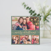 Elegante Fotocollage Groen Goud Script Kerstmis Feestdagenkaart (Staand voorkant)