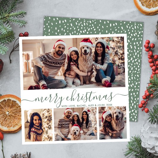 Elegante Fotocollage Groen Script Sneeuwachtige Ke Feestdagenkaart