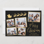 Elegante fotocollage Santa Sleigh zwart goud Feestdagenkaart<br><div class="desc">Elegante zwarte en gouden vakantiekaart met een 5-foto collage van verspreide afbeeldingen in lijsten,  een silhouet van rendieren die met de slee van de Kerstman vliegen,  "Vrolijk kerstfeest" in een stijlvol script en jouw naam in eenvoudige,  moderne typografie.</div>