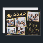 Elegante fotocollage Santa Sleigh zwart goud Feestdagenkaart<br><div class="desc">Elegante zwarte en gouden vakantiekaart met een 5-foto collage van verspreide afbeeldingen in lijsten,  een silhouet van rendieren die met de slee van de Kerstman vliegen,  "Vrolijk kerstfeest" in een stijlvol script en jouw naam in eenvoudige,  moderne typografie.</div>