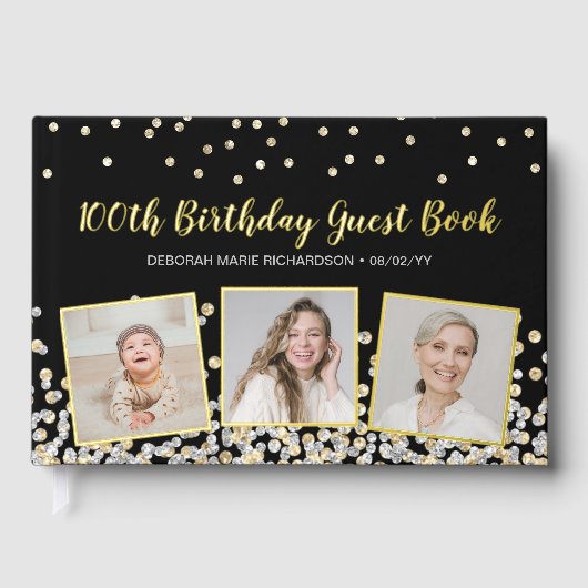 Elegante Fotocollage Zilver Goud 100e Verjaardag Gastenboek (Voorkant)