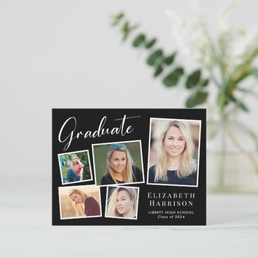 Elegante fotocollage zwart afstudeerfeest uitnodiging briefkaart (Staand voorkant)