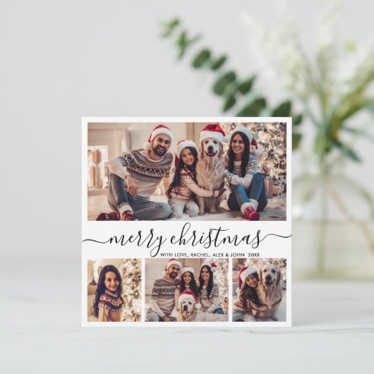 Elegante Fotocollage Zwart Script Sneeuwachtige Ke Feestdagenkaart (Staand voorkant)