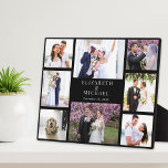 Elegante fotocollage zwarte bruiloft fotoplaat<br><div class="desc">Een op maat gemaakte collage plaquette voor pasgetrouwden met 8 foto's van uw trouwdag,  verloving,  huwelijksreis,  bruidsfeest,  bruidsjonkers,  familie,  enz.,  En uw namen en trouwdatum in elegante witte typografie tegen een zwarte achtergrond.</div>