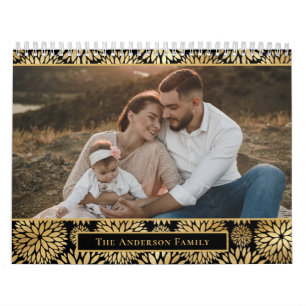 Elegante Fotofamilie Zwart Gouden Folie Bloemen Kalender