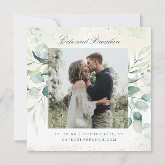 Elegante Fotogroeneucalyptus Bruiloft Save The Date (Voorkant)