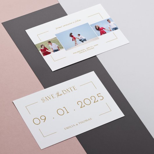 Elegante fotokader "Save the Date" met gouden lijs Kaart