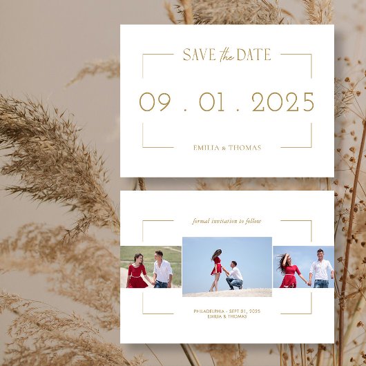 Elegante fotokader "Save the Date" met gouden lijs Kaart
