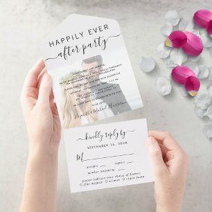 Elegante fotomaaltijdkeuze RSVP huwelijksreceptie All In One Uitnodiging