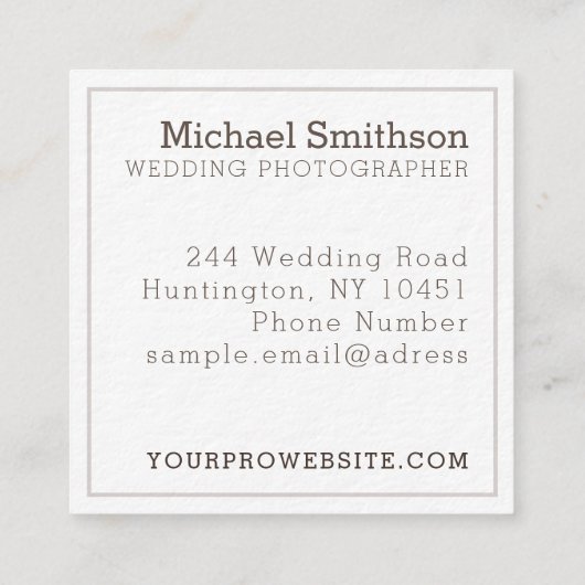Elegante fotosjabloon Moderne trouwfotograaf Vierkante Visitekaartje (Achterkant)