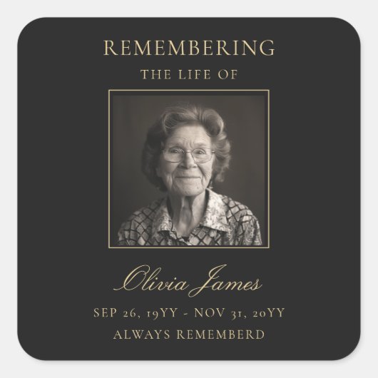 Elegante fotoviering van levensfuneral vierkante sticker (Voorkant)