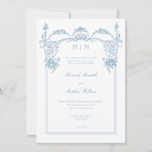 Elegante Franse Blauw Victoriaans Chinoiserie brui Kaart (Voorkant)