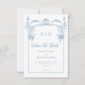 Elegante Franse Blauw Victoriaans Chinoiserie brui Save The Date (Voorkant)