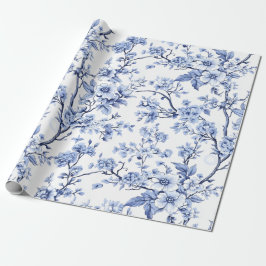 Elegante Franse  Blauwe Bloemen Cadeaupapier