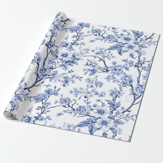 Elegante Franse Blauwe Bloemen Cadeaupapier (Uitgerold)