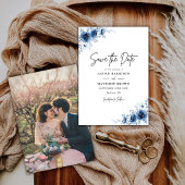 Elegante Franse  Blauwe Bloemen Fotobruiloft Save The Date