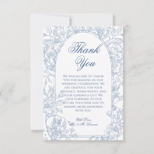 Elegante Franse Blauwe Bloemen Toile bruiloft Bedankkaart (Voorkant)