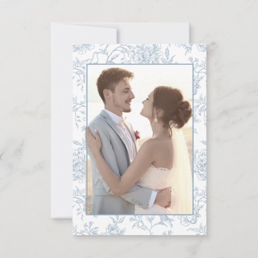 Elegante  Franse Blauwe Bloemen Toile bruiloft Bedankkaart (Achterkant)