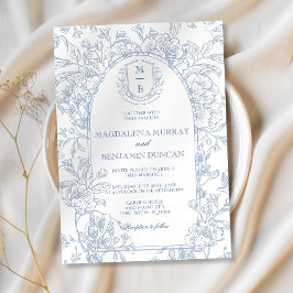 Elegante Franse Blauwe Bloemen Toile bruiloft Kaart