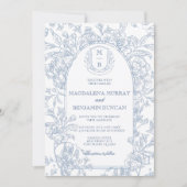 Elegante Franse Blauwe Bloemen Toile bruiloft Kaart (Voorkant)