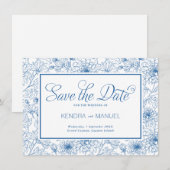 Elegante Franse Blauwe Bloemen Toile bruiloft Save The Date (Voorkant / Achterkant)