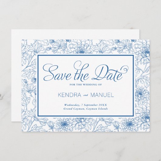 Elegante Franse Blauwe Bloemen Toile bruiloft Save The Date (Voorkant / Achterkant)