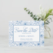Elegante Franse Blauwe Bloemen Toile bruiloft Save The Date (Staand voorkant)