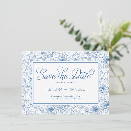 Elegante Franse Blauwe Bloemen Toile bruiloft Save The Date (Staand voorkant)