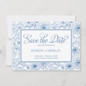 Elegante Franse Blauwe Bloemen Toile bruiloft Save The Date (Voorkant)