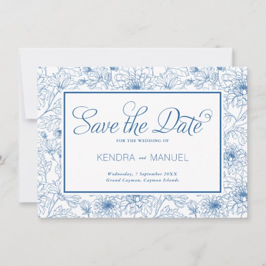 Elegante Franse Blauwe Bloemen Toile bruiloft Save The Date (Voorkant)