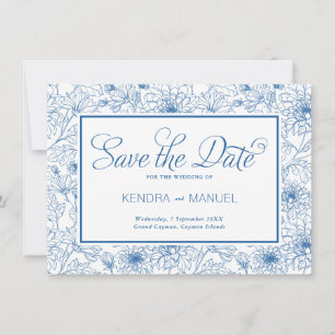 Elegante Franse Blauwe Bloemen Toile bruiloft Save The Date