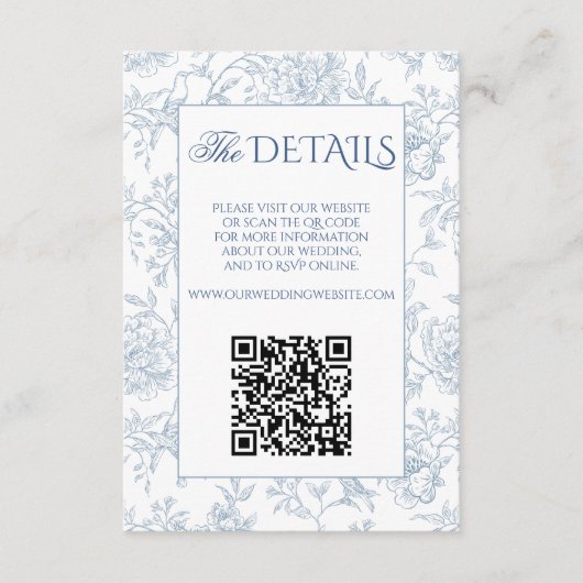 Elegante Franse Blauwe Bloemen Toile QR Code Websi Informatiekaartje (Voorkant)
