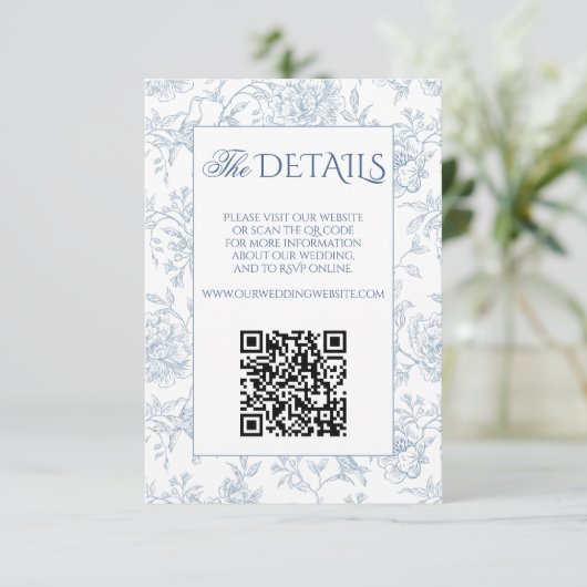 Elegante Franse Blauwe Bloemen Toile QR Code Websi Informatiekaartje (Staand voorkant)